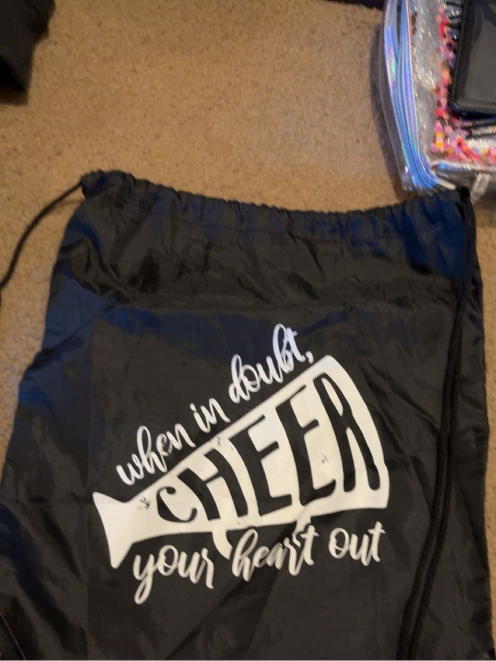 Black Drawstring Gym Bag with White Cheer Graphic